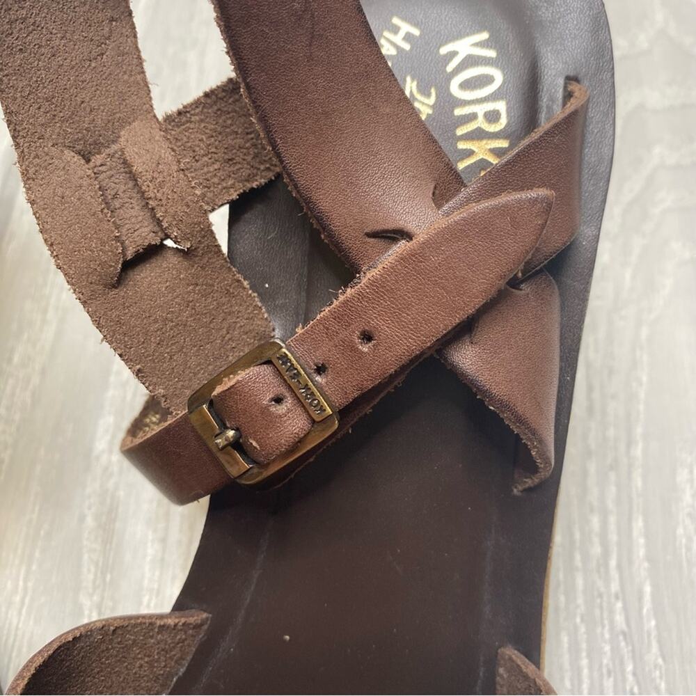KORK-EASE WOMEN'S TAMARA BROWN LEATHER STRAPPY GOLD CORK WEDGE SANDALS SIZE 9 - Picture 3 of 10